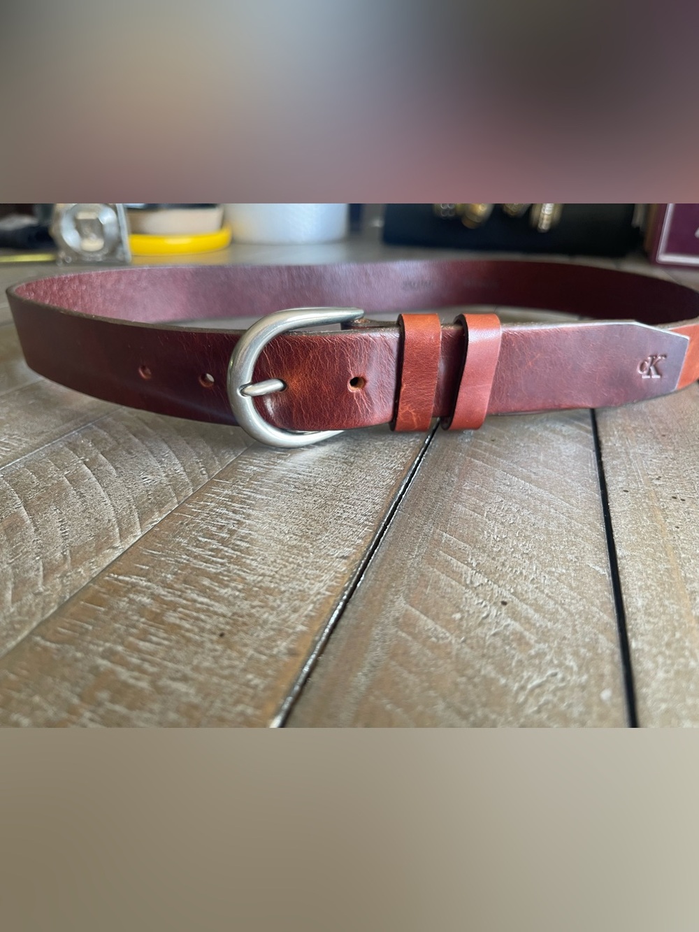 Calvin Klein Chestnut Brown Leather Belt with Silver Buckle